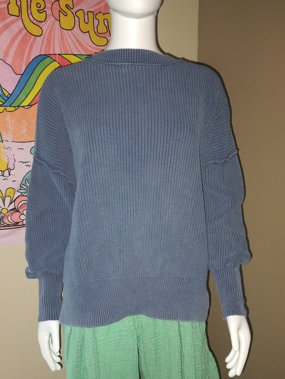 Aerie Cozy Oversized Blue Knit Sweater Sz XS